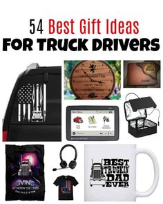 gifts for truck drivers including mugs, t - shirts, and other items that are on display