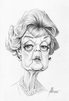 a pencil drawing of an older woman with big eyes and pearls on her head, wearing a