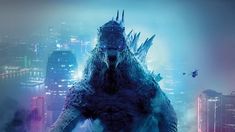 godzilla movie poster with city lights in the background