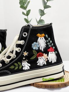 Ghost and Mushroom Embroidered Shoes, Daisy Flower Shoes, Cute Ghost Converse, Chuck Taylor Flower Embroidery, Fall Shoes - Etsy Spring Embroidered Canvas Shoes With Round Toe, Black High-top Sneakers With Floral Embroidery, Black Sneakers With Floral Embroidery, Embroidered Black Lace-up Sneakers, Black Embroidered Lace-up Sneakers, Black Lace-up Sneakers With Floral Embroidery, Black Low-top Sneakers With Floral Embroidery, Boty Converse, Artisanats Denim