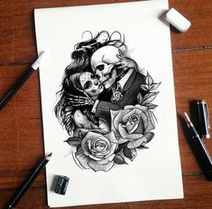 a drawing of a skeleton hugging a woman with roses on the table next to it