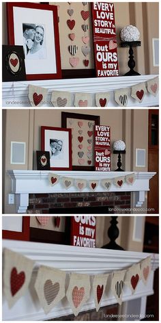 valentine's day mantels with hearts and bunting on the mantle for photos