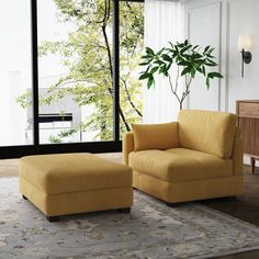 a living room scene with focus on the chair and ottoman