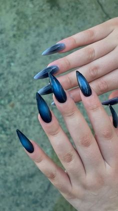 Black Blue Aura Nails, Aura Nails Stiletto, Nails Aura Design, Black And Blue Aura Nails, Stiletto Aura Nails, Black Formal Nails, Nail Blue Design, Blue Nails Stiletto, Aura Nails Black