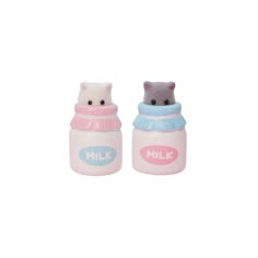 two small plastic bottles with cats on them and one has a pink lid, while the other is blue