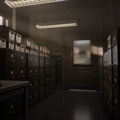 an empty room with lots of filing cabinets and lights on the ceiling above them,