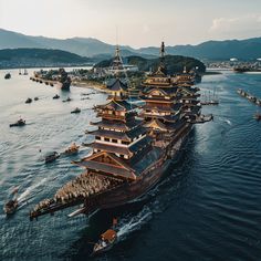 an aerial view of a large boat in the water with many smaller boats around it