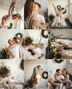 a collage of photos showing a man and woman in bed with christmas wreaths