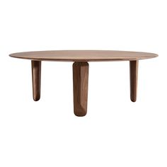 an oval wooden table with two legs on the top and one leg extended to the side