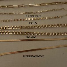 Not sure what style of necklace or bracelet chain to go for? I compiled the list above of the current top trending styles to give you a hand. P.S this can be used as a gift guide to help you shop for your significant other. #necklace #accessories #paperclipchain #instajewelry #coinchain #pendant #fashionjewelry #newbusiness #shopsmall #wear #earring #gold #bracelets #herringbone #gemstone #jewelrydesign #jewel #giftguide #giftsforher #jewelrylover #jewelrygram #chainstyles #figaro #jewelryde Golden Day, Herringbone Necklace, Earring Gold, Necklace Accessories, Gold Bracelets, Bracelet Chain, Everyday Necklace, Necklace And Bracelet, Gold Necklaces