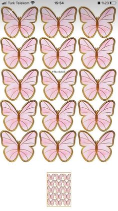 pink butterflies with gold trims are arranged on a white background and there is an image of