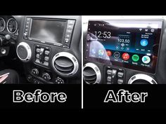 the inside of a car with two different pictures showing it's radio and dashboard