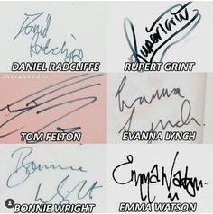 four different signed autographs are shown in the same row, each with their own name