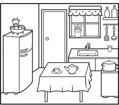 a black and white drawing of a kitchen with a table, refrigerator and sink in it