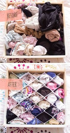 two boxes filled with clothes sitting on top of a white table covered in doily