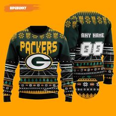 the green bay packers ugly ugly sweater is shown in front of an orange background with white and