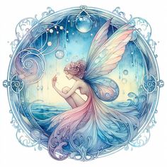 a drawing of a fairy sitting on the water with bubbles in her hair and wings