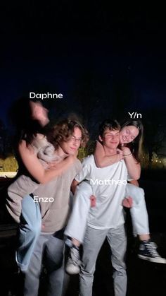 three young people are posing for a photo with their arms around each other and the words dapphne yn in front of them