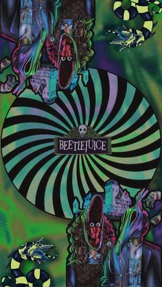 an abstract painting with the words beetlejuice in purple, green and black colors