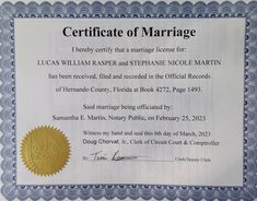 certificate of marriage for lucas william foster and stephanie nicole martin, who were married in the same year