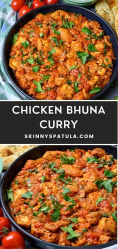 chicken bhuna curry in a bowl with tomatoes and pita bread on the side