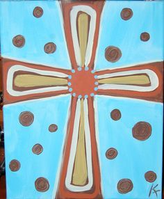 a painting of a cross on a blue and red background with brown circles around it