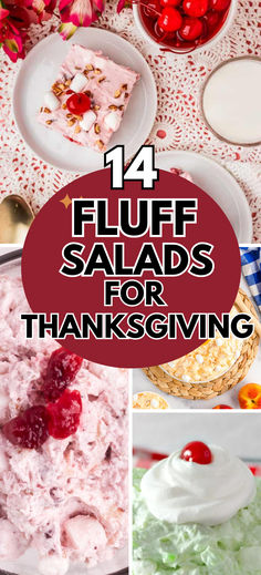 Photo collage of fluff salad recipes for Thanksgiving & Chrsitmas. Cranberry Fluff Recipe Thanksgiving, Ambrosia Salad Thanksgiving, Cranberry Fluff Jello Salad, Ww Orange Fluff Jello Salad Recipe, Thanksgiving Cold Salad Recipes, Thanksgiving Marshmallow Salad, Easy Side Dishes For Potluck Cold, Cherry Cool Whip Salad, Taste Of Home Fruit Salad