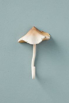 a mushroom mounted to the side of a blue wall with a white hook on it