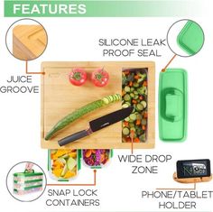 a cutting board with various vegetables on it and instructions to cut them into smaller pieces