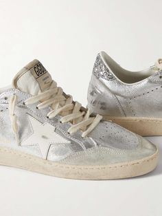 GOLDEN GOOSE Ballstar glittered distressed metallic leather sneakers | NET-A-PORTER Wedding Golden Goose, Elegant Sneakers, Golden Goose Sneakers Outfit, Tennis Shoes Outfit, Shoe Wishlist, Silver Sneakers, Metallic Sneakers, Shoe Inspo, Golden Goose Shoes