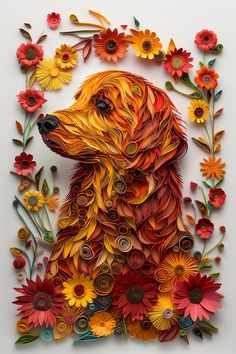 a dog made out of paper with flowers around it