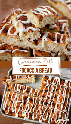 cinnamon roll focaccia bread with icing on top