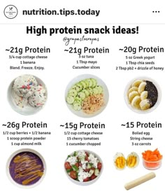 an info board with different foods and their contents on the bottom right hand corner, labeled high protein snack ideas