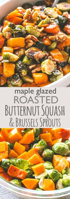 roasted butternut squash and brussel sprouts in a casserole dish