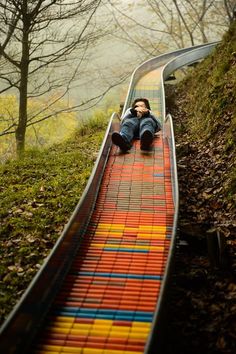 a person laying on top of a colorful roller coaster in the middle of a forest