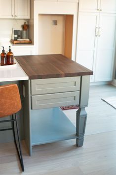 a kitchen island with two stools next to it