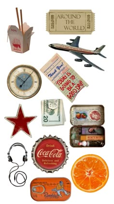 an assortment of items from around the world including oranges, coca - cola and airplane