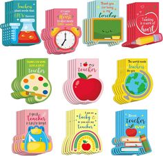 there are many different books and magnets on this page, each with an apple