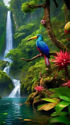 a colorful bird sitting on top of a tree next to a waterfall in the forest