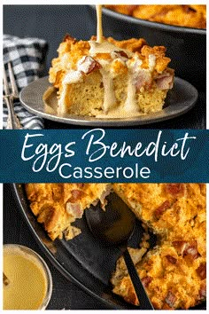 an egg casserole with bacon is being drizzled on top