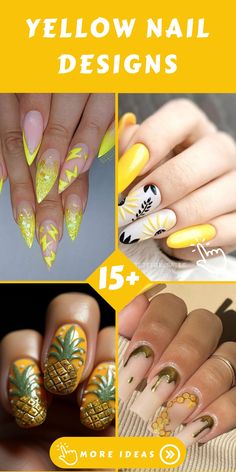 yellow nail designs with pineapples and flowers on the top, bottom and bottom