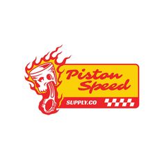 the logo for piston speed supply, which has flames coming out of it and a skull on