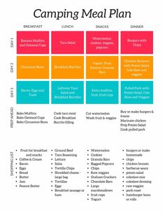 the camping meal plan is shown here