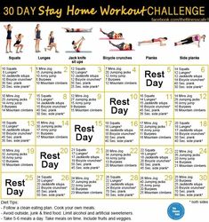 the 30 day stay home workout challenge is shown in this poster, which shows how to do