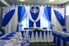 a banquet room with blue and white decor