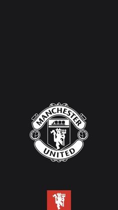 the manchester united logo is shown on a black background with red and white lettering that reads,