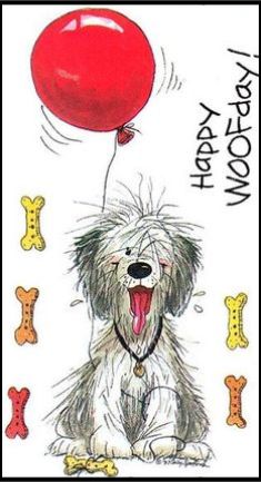 a drawing of a dog with a red balloon in its mouth and the words happy birthday written on it