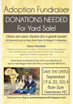 an ad for donations needed for yard sale with two people sitting on the ground in front of