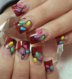 Christmas Lights Nails, Lights Nails, Tropical Nail Art, Cow Nails, Tropical Nails, Glow Nails, Holiday Nail Art