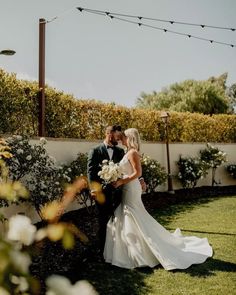 a bride and groom are standing in the grass near some bushes with lights strung above them